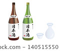 日式居酒屋菜單插圖，圖中展示了兩瓶 1.8 公升的清酒、一個清酒壺和清酒杯。 140515550