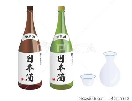 日式居酒屋菜單插圖,圖中展示了兩瓶 1.8 公升的清酒、一個清酒壺和清酒杯。 日式居酒屋菜單插圖,圖中展示了兩瓶 1.8 公升的清酒、一個清酒壺和清酒杯。 140515550