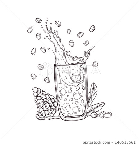 Pomegranate juice splash in glass with ice cube and fruit seed line art black ink sketch. Hand drawn refreshing summer drink etching drawing. Beverage menu design element and decorative food art. Pomegranate juice splash in glass with ice cube and fruit seed line art black ink sketch. Hand drawn refreshing summer drink etching drawing. Beverage menu design element and decorative food art. 140515561