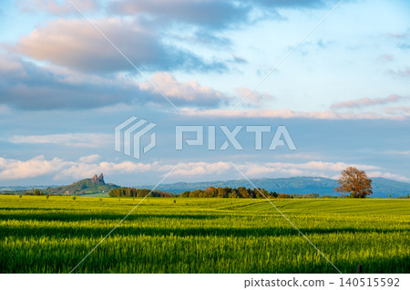 Panoramic view of Bohemian Paradise landscape with Trosky Castle ruin rising above hills, soft sunset light, dramatic clouds and light mist, barley fields in foreground landscapes Panoramic view of Bohemian Paradise landscape with Trosky Castle ruin rising above hills, soft sunset light, dramatic clouds and light mist, barley fields in foreground landscapes 140515592