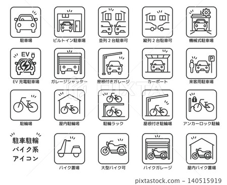 Real estate property icons; Parking, bicycle parking, and motorcycle-related icons. Real estate property icons; Parking, bicycle parking, and motorcycle-related icons. 140515919