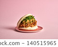 Bao bun with cooked pork. Concept Steamed bao buns, cooked pork 140515965