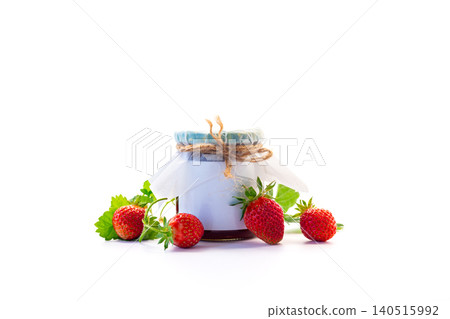 Sweet strawberry jam with leaves and blossom Sweet strawberry jam with leaves and blossom 140515992
