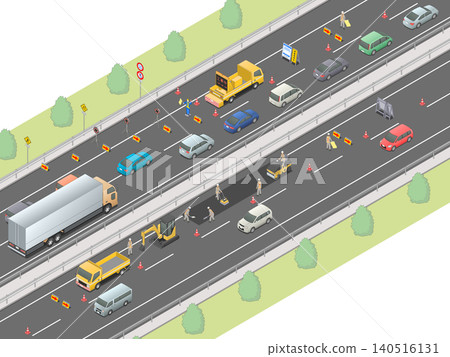 An image of a congested highway due to construction, drawn using isometric projection (plain background). An image of a congested highway due to construction, drawn using isometric projection (plain background). 140516131