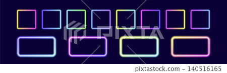Glowing neon rectangle frames set with glowing blue, green, pink and purple light effects, futuristic portal gateway, vibrant and LED illumination border, abstract vector frame composition. Glowing neon rectangle frames set with glowing blue, green, pink and purple light effects, futuristic portal gateway, vibrant and LED illumination border, abstract vector frame composition. 140516165