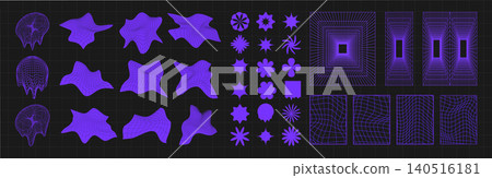 Cyber distorted grid, punk perspective rectangular tunnels and y2k psychedelic elements set. Grid geometry tunnel, elements on black background. Trendy futuristic vector illustration. Cyber distorted grid, punk perspective rectangular tunnels and y2k psychedelic elements set. Grid geometry tunnel, elements on black background. Trendy futuristic vector illustration. 140516181