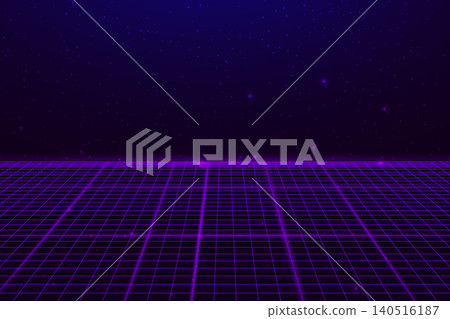 Futuristic perspective grid floor with neon wireframe lines bg. Digital 3D space, abstract square pattern, retro technology glowing network grid design background. Vector illustration. Futuristic perspective grid floor with neon wireframe lines bg. Digital 3D space, abstract square pattern, retro technology glowing network grid design background. Vector illustration. 140516187