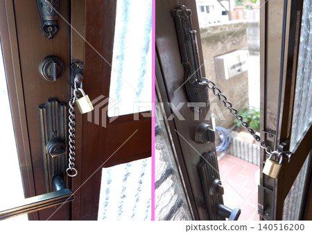 A padlock is attached to the door chain, allowing it to be unlocked from the outside in an emergency. 140516200