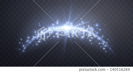 Blue magic arch with glowing particles, sunlight lens flare. Neon realistic energy flare arch. Abstract light effect on a transparent background. Vector illustration. 140516269