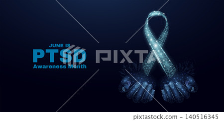 Post-Traumatic Stress Disorder Awareness Month concept. PTSD banner template with glowing low poly. Futuristic modern abstract. Isolated on dark background. Vector illustration. Post-Traumatic Stress Disorder Awareness Month concept. PTSD banner template with glowing low poly. Futuristic modern abstract. Isolated on dark background. Vector illustration. 140516345