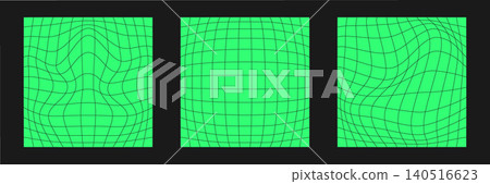 Set of distorted cyber grids. Cyberpunk geometry element y2k style. Isolated green mesh on black background. Vector fashion illustration. Set of distorted cyber grids. Cyberpunk geometry element y2k style. Isolated green mesh on black background. Vector fashion illustration. 140516623