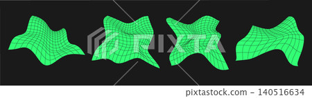 Set of distorted cyber grids. Cyberpunk geometry element y2k style. Isolated green mesh on black background. Vector fashion illustration. Set of distorted cyber grids. Cyberpunk geometry element y2k style. Isolated green mesh on black background. Vector fashion illustration. 140516634