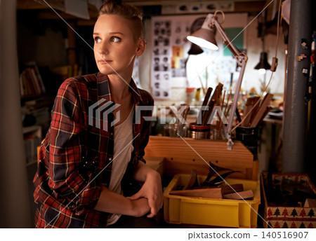 Artist, thinking and woman in workshop or studio for creative sculpture or working on project at night. Artisan, workplace or person with ideas and inspiration as carpenter with talent for woodwork Artist, thinking and woman in workshop or studio for creative sculpture or working on project at night. Artisan, workplace or person with ideas and inspiration as carpenter with talent for woodwork 140516907