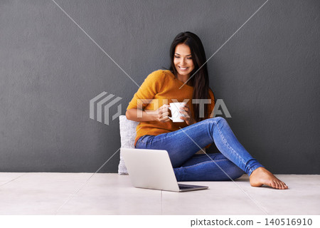 Laptop, search and happy woman on a floor with coffee for streaming, reading or movie on wall background. Computer, mockup or female person online for chill app sign up Laptop, search and happy woman on a floor with coffee for streaming, reading or movie on wall background. Computer, mockup or female person online for chill app sign up 140516910