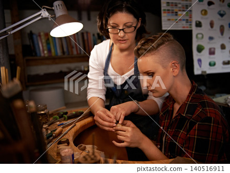 Teamwork, women and tools with design in workshop with craftsmanship, skill or handmade art for creativity. Woodwork, jewelers and creative people at workspace with equipment for handicraft or hobby Teamwork, women and tools with design in workshop with craftsmanship, skill or handmade art for creativity. Woodwork, jewelers and creative people at workspace with equipment for handicraft or hobby 140516911
