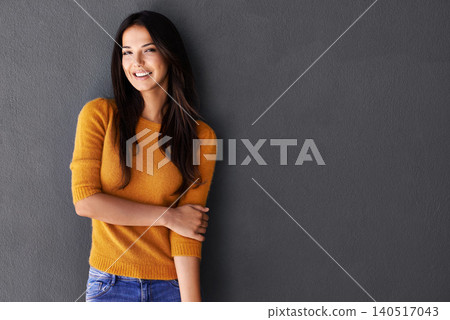 Woman, smile and portrait for clothes, fashion and style for weekend or indoor. Female person, model and happy with jersey for casual outfit, stylish and fashionable on gray backdrop on mockup Woman, smile and portrait for clothes, fashion and style for weekend or indoor. Female person, model and happy with jersey for casual outfit, stylish and fashionable on gray backdrop on mockup 140517043