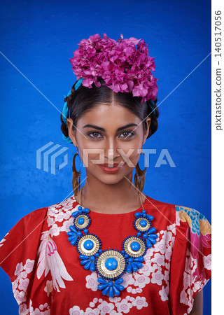 Beauty, cosmetics and portrait of woman with aesthetic in blue background of studio with shine and glow of skin. Happy, girl and smile of female person with results of face routine for makeup Beauty, cosmetics and portrait of woman with aesthetic in blue background of studio with shine and glow of skin. Happy, girl and smile of female person with results of face routine for makeup 140517056
