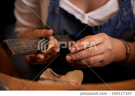 Woodworking, industry and hands of woman in workshop for creative project or sculpture. Artisan, industrial and closeup of female carpenter manufacturing products in studio for small business. Woodworking, industry and hands of woman in workshop for creative project or sculpture. Artisan, industrial and closeup of female carpenter manufacturing products in studio for small business. 140517163