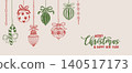 Christmas decoration background. New Year poster. Hand drawn festive card with hanging Christmas tree toys and balls. Holiday winter greeting card. Vector illustration 140517173