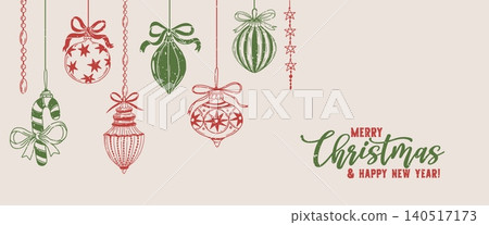 Christmas decoration background. New Year poster. Hand drawn festive card with hanging Christmas tree toys and balls. Holiday winter greeting card. Vector illustration Christmas decoration background. New Year poster. Hand drawn festive card with hanging Christmas tree toys and balls. Holiday winter greeting card. Vector illustration 140517173
