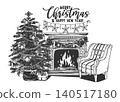 Christmas interior. Decorated holiday room. Hand drawn living room with Christmas tree, garland, armchair, fireplace. Cozy house New Year composition. Vector concept 140517180
