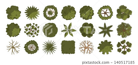Architectural tree. Green trees top view. Silhouette various plants for landscape design and plans. Garden trees, bushes, shrubs for architectural entourage. Vector set 140517185