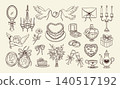 Doodle wedding elements. Hand drawn marriage. Vintage romantic sketch icons with wedding ceremony, food, drink, flowers for holiday card and invitation. Vector set 140517192