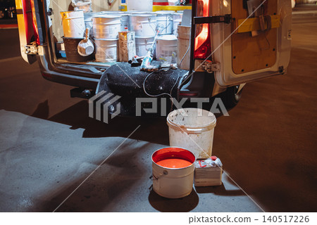 Road marking crew truck interior - night highway line painting equipment and materials 140517226