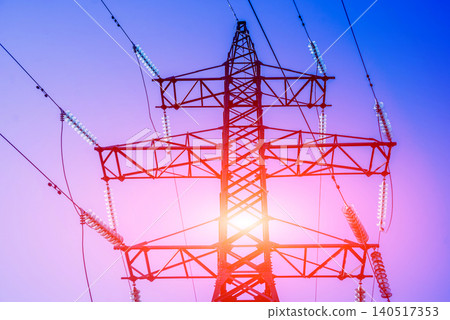 High voltage power lines. Electricity distribution station. High voltage power lines. Electricity distribution station. 140517353