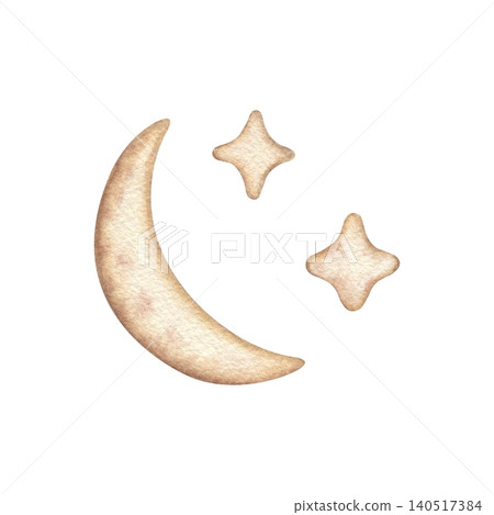 Crescent moon and stars watercolor illustration isolated on white background. Hand drawn set of celestial elements in soft tones and light texture. For greeting cards and nursery decor. Crescent moon and stars watercolor illustration isolated on white background. Hand drawn set of celestial elements in soft tones and light texture. For greeting cards and nursery decor. 140517384
