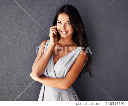 Portrait, phone call and woman with smile, conversation and connection on grey studio background. Face, person and girl with cellphone and mobile user with digital app and communication with contact Portrait, phone call and woman with smile, conversation and connection on grey studio background. Face, person and girl with cellphone and mobile user with digital app and communication with contact 140517391