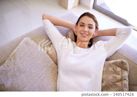 Woman, nap and weekend to relax on couch, dream and smile while lazy or comfortable in home. Female person, happy and sleep on sofa in living room, peace and calm for wellness and tired or exhausted Woman, nap and weekend to relax on couch, dream and smile while lazy or comfortable in home. Female person, happy and sleep on sofa in living room, peace and calm for wellness and tired or exhausted 140517428