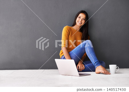 Woman, laptop and portrait or tea in home, web and cup of caffeine on floor of living room. Female person, mockup space and wall background for freelancer, plan and remote work in apartment on app 140517430