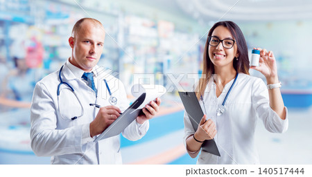 The pharmacists gives advice on medicaments. At the pharmacy The pharmacists gives advice on medicaments. At the pharmacy 140517444