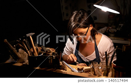 Woodwork, woman and tools with wood in workshop with craftsmanship, skill and handmade design with creativity. Artist, carpenter or creative person at workspace with equipment for handicraft or hobby Woodwork, woman and tools with wood in workshop with craftsmanship, skill and handmade design with creativity. Artist, carpenter or creative person at workspace with equipment for handicraft or hobby 140517494