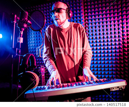 Young man playing piano in sound recording studio. Young man playing piano in sound recording studio. 140517518