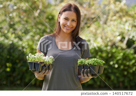 Portrait, smile and woman gardening with plant, sprout or checking leaf growth outdoor. Backyard, sustainability and face of female person in outside garden for lawn, grass or asylum seedling soil Portrait, smile and woman gardening with plant, sprout or checking leaf growth outdoor. Backyard, sustainability and face of female person in outside garden for lawn, grass or asylum seedling soil 140517672