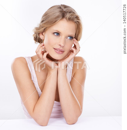Cosmetic, thinking and woman in studio with beauty, trendy and facial routine and hairstyle. Makeup, memory and attractive young female person with cosmetology face treatment by white background. Cosmetic, thinking and woman in studio with beauty, trendy and facial routine and hairstyle. Makeup, memory and attractive young female person with cosmetology face treatment by white background. 140517726