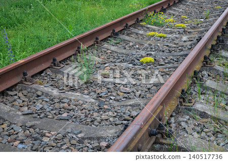 Railway tracks with rusty steel rails and concrete sleepers, close up view of railroad track with yellow flowers and stones 140517736