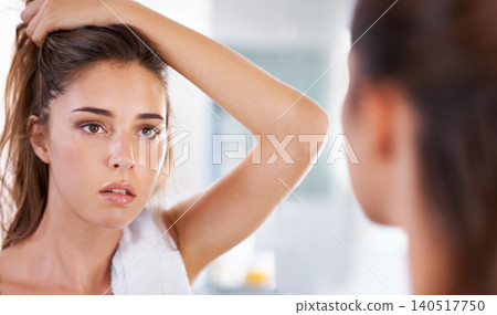 Woman, mirror and skincare for natural beauty in bathroom for cosmetic facial, treatment or washing. Female person, hand and reflection in home for dermatology glow for heath, self care or wellness Woman, mirror and skincare for natural beauty in bathroom for cosmetic facial, treatment or washing. Female person, hand and reflection in home for dermatology glow for heath, self care or wellness 140517750
