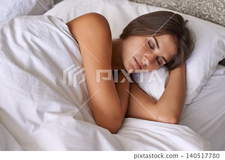 Woman, wellness and sleeping in bed at home, health and peace rest on soft pillow on comfortable mattress. Tired person, dream or relax in bedroom for stress relief, fatigue or weekend in cozy house Woman, wellness and sleeping in bed at home, health and peace rest on soft pillow on comfortable mattress. Tired person, dream or relax in bedroom for stress relief, fatigue or weekend in cozy house 140517780