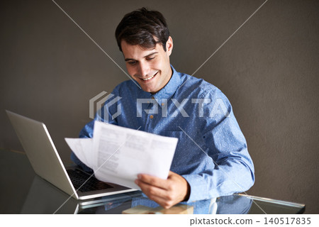 Business, documents and happy man with laptop in office for accounting, planning or budget review. Financial, savings and male accountant with paper, invoice or startup growth, profit or sales report Business, documents and happy man with laptop in office for accounting, planning or budget review. Financial, savings and male accountant with paper, invoice or startup growth, profit or sales report 140517835