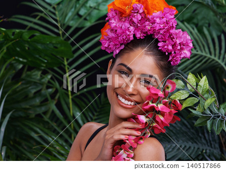 Happy, portrait or woman with flowers for natural beauty, makeup and wellness in nature or jungle. Color, Indian person or face of model with eco friendly skincare, smile or plants for floral art Happy, portrait or woman with flowers for natural beauty, makeup and wellness in nature or jungle. Color, Indian person or face of model with eco friendly skincare, smile or plants for floral art 140517866