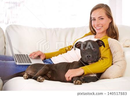 Portrait, woman and laptop by dog on couch, sofa and relax at home with technology, internet and connection for online blog. Female person, pet and smile in living room, house and apartment Portrait, woman and laptop by dog on couch, sofa and relax at home with technology, internet and connection for online blog. Female person, pet and smile in living room, house and apartment 140517883