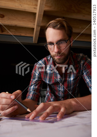 Man, pencil and architect drawing floor plan, construction and civil engineering with stationery in workshop. Design tools, paperwork and closeup of blueprint for property development or renovation Man, pencil and architect drawing floor plan, construction and civil engineering with stationery in workshop. Design tools, paperwork and closeup of blueprint for property development or renovation 140517913
