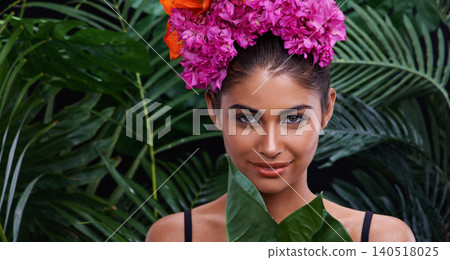 Leaf, portrait or woman with flowers for beauty, makeup and wellness in nature, rainforest or jungle. Crown, Indian person or face of model with eco friendly skincare, plants or spring floral art Leaf, portrait or woman with flowers for beauty, makeup and wellness in nature, rainforest or jungle. Crown, Indian person or face of model with eco friendly skincare, plants or spring floral art 140518025