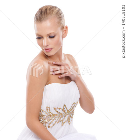 Woman, bride and wedding gown in studio on white background in confidence for bridal fashion. Female person, classy and glamour in elegant dress design for love, anniversary and celebration. Woman, bride and wedding gown in studio on white background in confidence for bridal fashion. Female person, classy and glamour in elegant dress design for love, anniversary and celebration. 140518103
