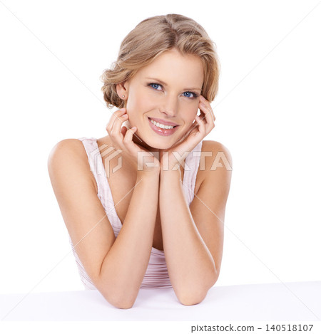 Cosmetic, smile and portrait of woman in studio with beauty, trendy and facial routine and hairstyle. Makeup, happy and attractive female person with cosmetology face treatment by white background. Cosmetic, smile and portrait of woman in studio with beauty, trendy and facial routine and hairstyle. Makeup, happy and attractive female person with cosmetology face treatment by white background. 140518107