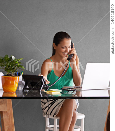 Phone call, laptop and landline with business woman in office for communication or reception. Remote work, smile and happy young secretary answering telephone in small business or startup workplace 140518140
