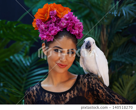 Jungle, portrait or woman with flowers or parrot, natural cosmetics for wellness in nature aesthetic. Smile, animal or female Indian model in rainforest for skincare beauty, pet bird or floral art Jungle, portrait or woman with flowers or parrot, natural cosmetics for wellness in nature aesthetic. Smile, animal or female Indian model in rainforest for skincare beauty, pet bird or floral art 140518270